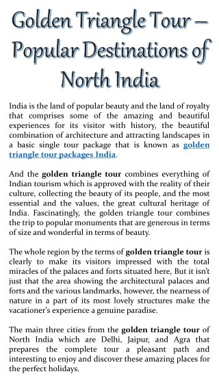 Golden Triangle Tour – Popular Destinations of North India