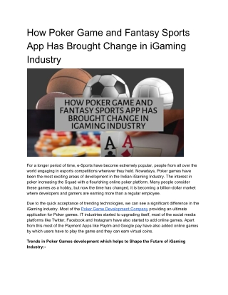 How Poker Game and Fantasy Sports App Has Brought Change in iGaming Industry