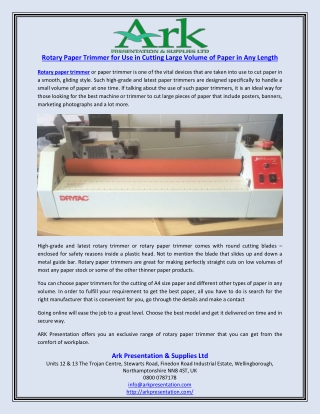 Rotary Paper Trimmer for Use in Cutting Large Volume of Paper in Any Length