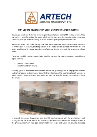 FRP Cooling Towers are in Great Demand in Large Industries