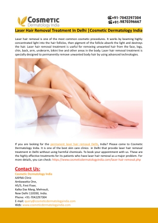 Laser Hair Removal Treatment In Delhi-Cosmetic Dermatology India