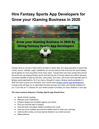Hire Fantasy Sports App Developers for Grow your iGaming Business in 2020