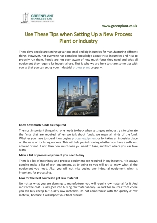 Use These Tips when Setting Up a New Process Plant or Industry