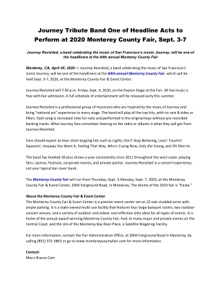 Journey Tribute Band One of Headline Acts to Perform at 2020 Monterey County Fair, Sept. 3-7