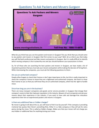 Questions To Ask Packers and Movers Gurgaon