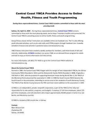 Central Coast YMCA Provides Access to Online Health, Fitness and Youth Programming