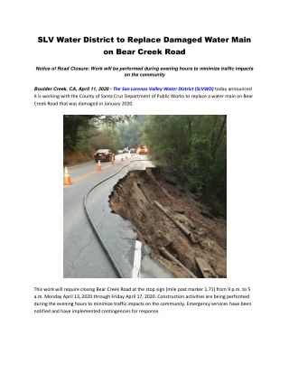 SLV Water District to Replace Damaged Water Main on Bear Creek Road