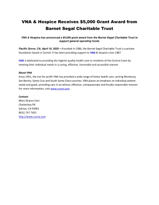 VNA & Hospice Receives $5,000 Grant Award from Barnet Segal Charitable Trust