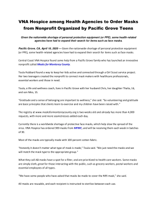 VNA Hospice among Health Agencies to Order Masks from Nonprofit Organized by Pacific Grove Teens