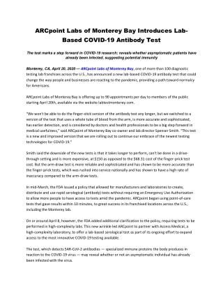 ARCpoint Labs of Monterey Bay Introduces Lab-Based COVID-19 Antibody Test
