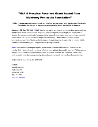 VNA & Hospice Receives Grant Award from Monterey Peninsula Foundation