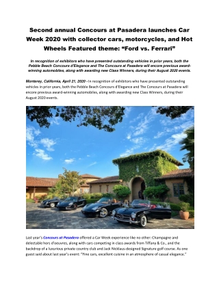 Second annual Concours at Pasadera launches Car Week 2020 with collector cars, motorcycles, and Hot Wheels Featured them