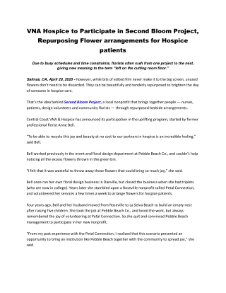 VNA Hospice to Participate in Second Bloom Project, Repurposing Flower arrangements for Hospice patients