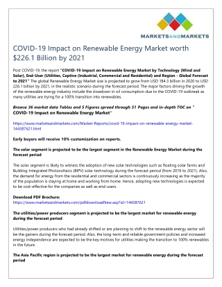 COVID-19 Impact on Renewable Energy Market worth $226.1 Billion by 2021