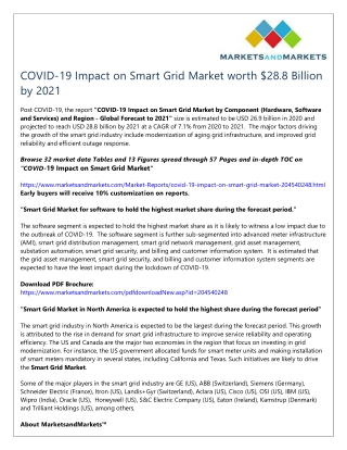 COVID-19 Impact on Smart Grid Market worth $28.8 Billion by 2021