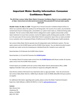 Important Water Quality Information: Consumer Confidence Report