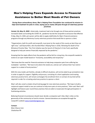 Max's Helping Paws Expands Access to Financial Assistance to Better Meet Needs of Pet Owners