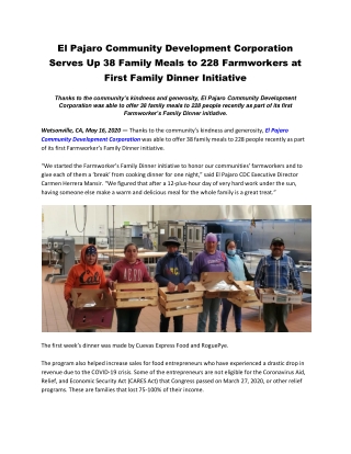 El Pajaro Community Development Corporation Serves Up 38 Family Meals to 228 Farmworkers at First Family Dinner Initiati