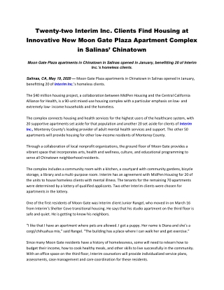 Twenty-two Interim Inc. Clients Find Housing at Innovative New Moon Gate Plaza Apartment Complex