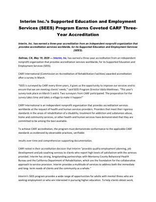 Interim Inc.’s Supported Education and Employment Services (SEES) Program Earns Coveted CARF Three-Year Accreditation