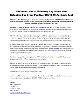 ARCpoint Labs of Monterey Bay Offers Free Retesting For Every Positive COVID-19 Antibody Test