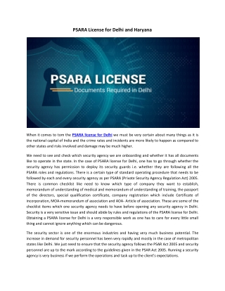 PSARA License for Delhi and Haryana