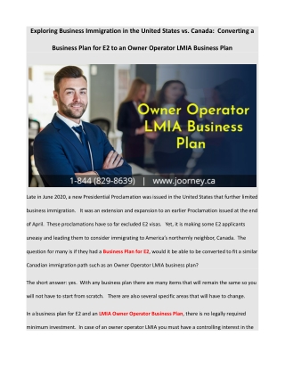 Exploring Business Immigration in the United States vs. Canada:  Converting a Business Plan for E2 to an Owner Operator