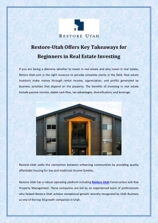 Restore-Utah Offers Key Takeaways for Beginners in Real Estate Investing