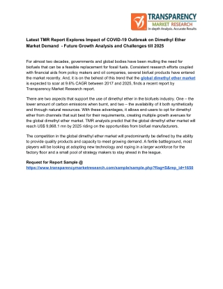 Dimethyl Ether Market Demand - Latest Trends, Demands, Overview And Analysis By 2025