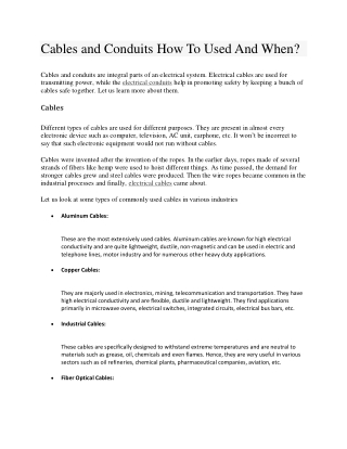 Cables and Conduits How To Used And When?
