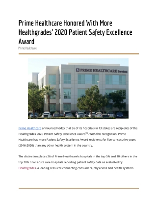 Healthgrades 2020 Patient Safety Award | Prime Healthcare