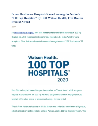 Prime Healthcare Hospitals Named Among the Nation's "100 Top Hospitals" by IBM Watson Health