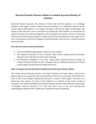 Keyword Density Checker Online to evaluate keyword density of websites