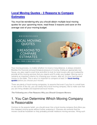 Local Moving Quotes - 3 Reasons to Compare Estimates