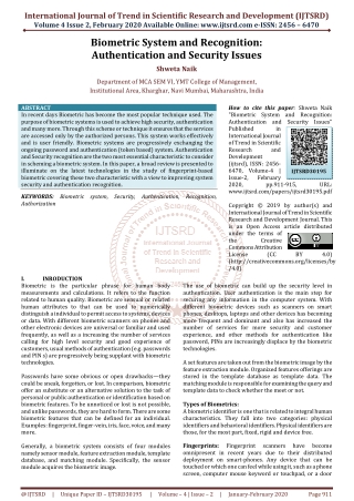 Biometric System and Recognition Authentication and Security Issues