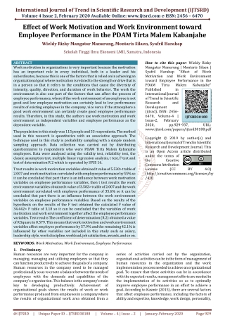 Effect of Work Motivation and Work Environment toward Employee Performance in the PDAM Tirta Malem Kabanjahe