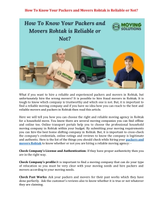 HOW TO KNOW YOUR PACKERS AND MOVERS ROHTAK IS RELIABLE OR NOT?