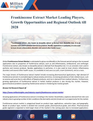 Frankincense Extract Market Leading Players, Growth Opportunities and Regional Outlook till 2028