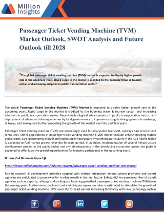 Passenger Ticket Vending Machine (TVM) Market Outlook, SWOT Analysis and Future Outlook till 2028