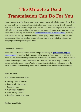 The Miracle a Used Transmission Can Do For You