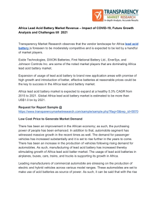 Covid-19 Impact on Africa Lead Acid Battery Market Revenue: Key Insights, Drivers by 2021