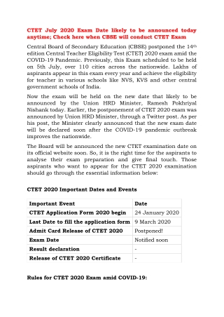 CTET July 2020 Exam Date likely to be announced today anytime; Check here when CBSE will conduct CTET Exam