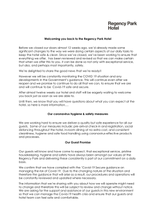 Welcoming you back to the Regency Park Hotel