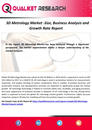 Global 3D Metrology Market Trend, Growth, Application and Outlook Analysis Report 2027