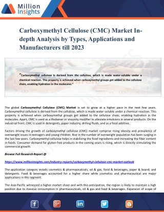 Carboxymethyl Cellulose (CMC) Market In-depth Analysis by Types, Applications and Manufacturers till 2023