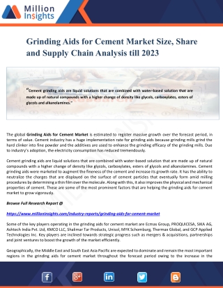 Grinding Aids for Cement Market Size, Share and Supply Chain Analysis till 2023