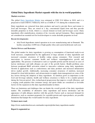 Global Dairy Ingredients Market predicted to cross USD 81 billion by 2025