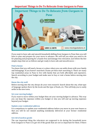 Important Things to Do To Relocate from Gurgaon to Pune