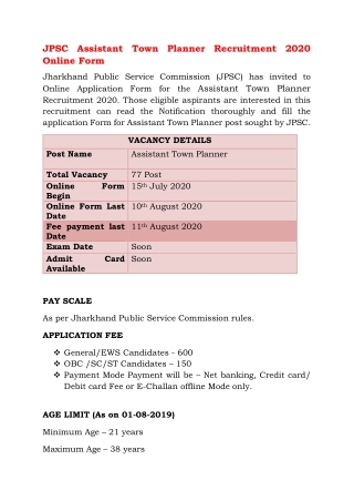 JPSC Assistant Town Planner Recruitment 2020 Online Form