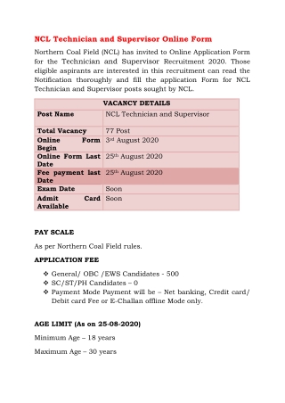 NCL Technician and Supervisor Online Form